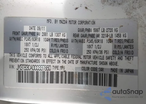 2012 Mazda Cx-9 Touring from USA, damaged, VIN JM3TB3CA0C0337860